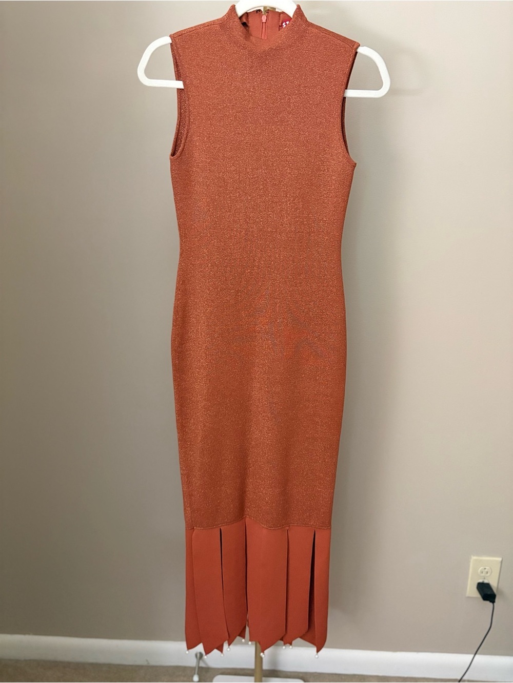 STAUD Rust Pat Glitter Sleeveless Sheath Fringe Dress